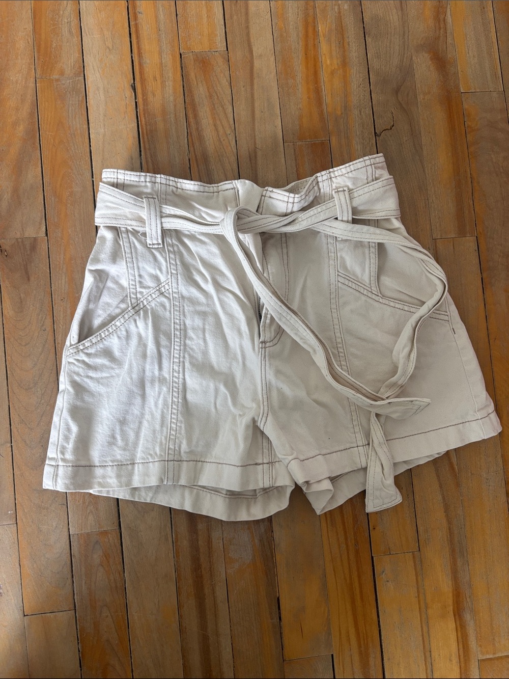 Dynamite Light Beige Paperbag Waist Tie-Front Jean Shorts